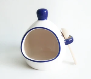 French style Ceramic Dolomite Food safe stamping sugar pot with wooden spoon