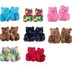 Fuzzy slippers for women cute teddy bear soft fur winter slippers comfortable ladies indoor home plush slippers
