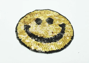 Garment Accessories Smile Emoji Embroidered Metallic Gold Sequin Patch