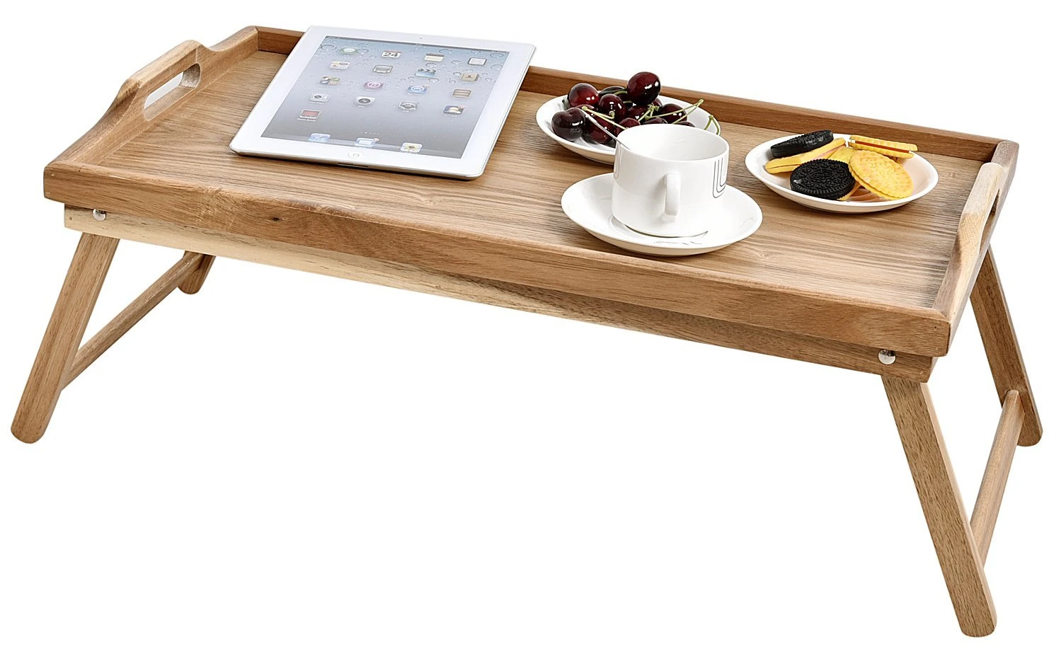 Good Quality Bed Reading Or Dining Serving Acacia Wood Tray Bamboo Breakfast Table With Foldable Legs