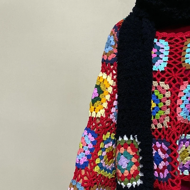 handmade heavy process hippie crochet hand-woven ethnic high neck short hollow thickened women&#x27;s sweater