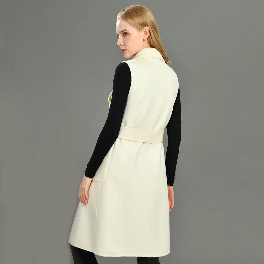 Handmade Sleeveless Coat Double Breasted Belt Ladies Cashmere Wool Vest Jacket Plush Women Long Vest