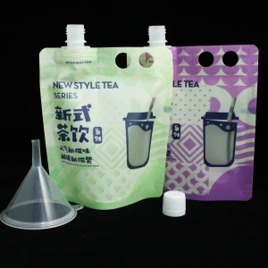 Hangable customized stand up spout pouch with funnel food grade drinking milk tea plastic packaging bag