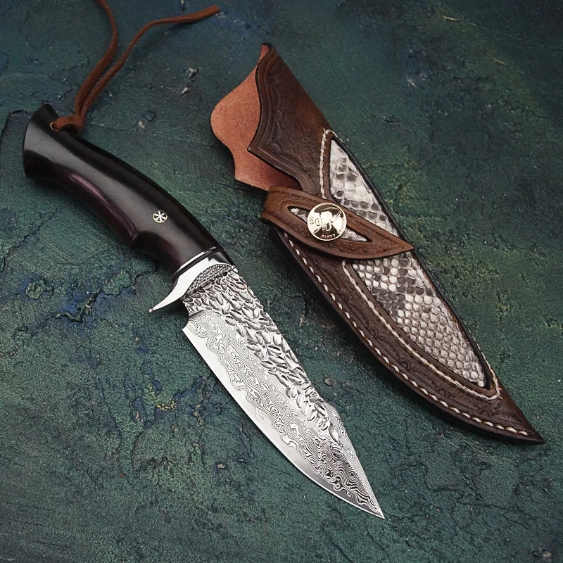 Hot Sell Ebony Wood Japanese Damascus Steel Fixed Blade Survival Bowie Knives with Sheath Outdoor Hunting Knife