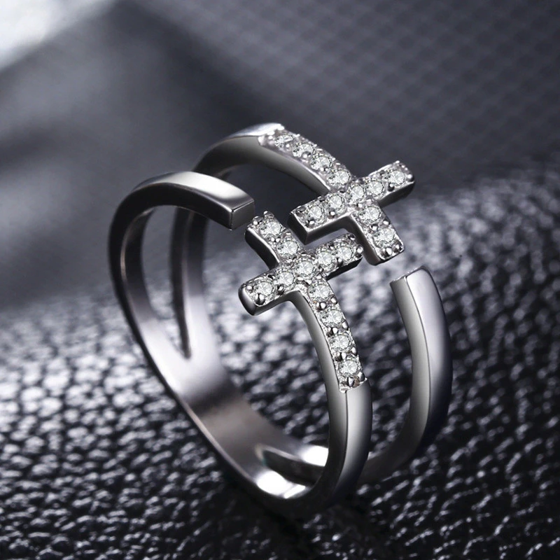 Hot Selling Temperament Hollow Double Cross Opening Large Size Ring Fashion Trendy Joint Female Inlaid Diamond Ring