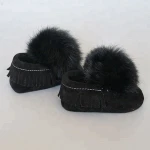Infant baby fur pom pom walking shoes with leather tassels