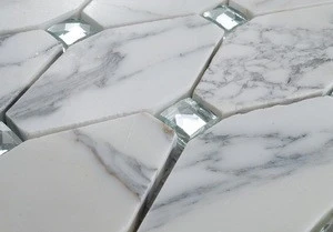 Interior Design Mixed Long Hexagon carrara Marble Stone Mosaic Tile and Crystal Diamond Glass Mosaic Backsplash Tile
