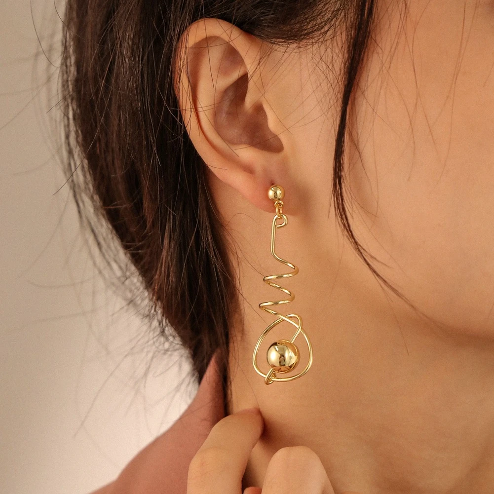 JUHU 2021 New gold stud alloy ear buckle spring wound around the mesh ball drop earring punk round ball alloy jewelry for women