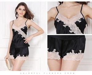 Lace Trimmed Silk Satin Sexy Camisole and Panty Set