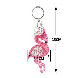 LOCACRYSTAL Brand Hot selling rhinestone flamingo shaped leather keychain wholesale  rhinestone key chains with tassel