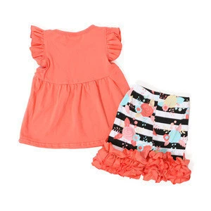 New arrival 2018 summer boutique girl outfit wholesale baby cute outfit sets ruffle shorts girls fashion printing outfits set