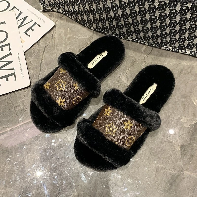 New Arrival HOT Hot Sale INS Plush Flat One Word Ladies Slippers Autumn and Winter Leather Fluffy Fur Fashion Ladies Sandals