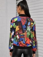 New Clothing Graphic Print Zip Up Bomber Jacket Women Fashion Long Sleeve Casual Baseball Coat Ladies Women Jacket