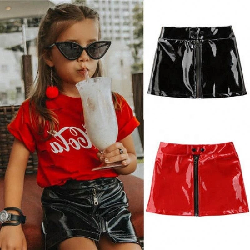 New Fashion Children Cool Clothes Summer Kids Solid Sequins Mini Skirt Baby Girl Leather Skirt