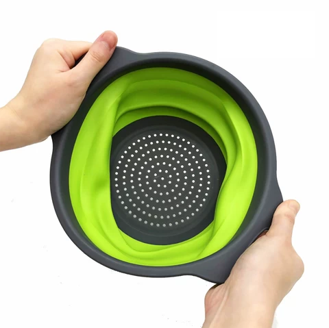 Over The Sink Kitchen Plastic Foldable Collapsible Silicone Colander Strainer With Extendable Handles