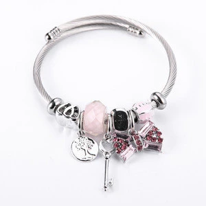 Personalized Custom Stainless Steel Titanium Wire Bangle Bracelet tags Logo Expandable Key Hamsa Cuff Silver Crystal Bracelet