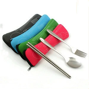 Promotional Portable Stainless Steel Fork Spoon and Chopsticks Flatware Set In Neoprene Pouch