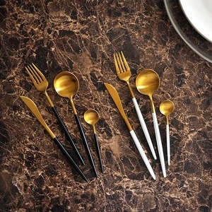 Restaurant wedding table black gold cutlery set, stainless steel flatware set Spoon, Forks and Knives
