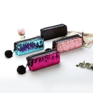 Reversible mermaid sequin pencil bag promotional pencil case with pompom for kids