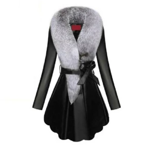 (RTS 2) 006 Womens mid-length leather jacket plus cotton jacket Slim and thin PU fur fur imitation fox fur collar oversized
