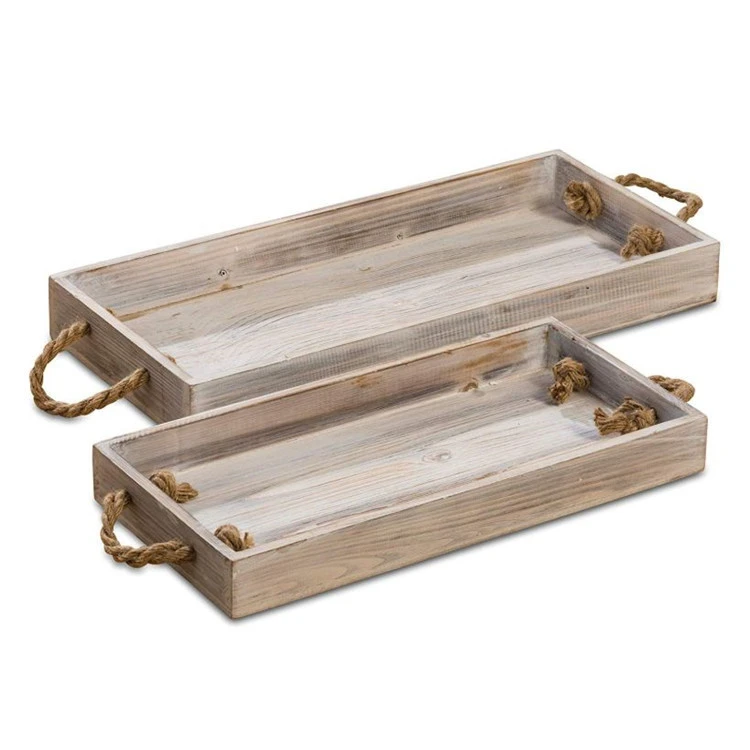 Set of 2 living room dinner table decor rustic wood tray rope handles