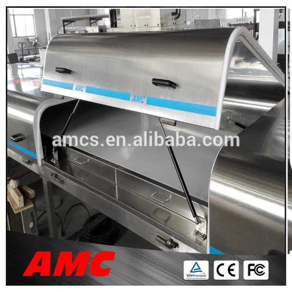 stainless steel snack machine and slat conveyor making a slingshot cooling tunnel