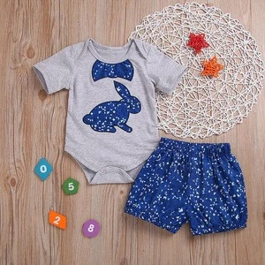 Summer gray round neck blue animal print floral shorts two-piece set children clothing