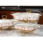 Towin luxury gold marble restaurant rectangle hot pot ceramic display food warmer with glass lid