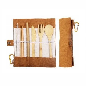 travel wooden kitchen organic bamboo utensil set, bamboo straws and cleaning brush with travel packing