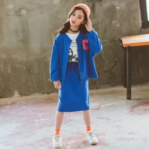 Wholesale autumn children clothes 100%cotton t-shirt and blue coat and Step skirt girls clothing set