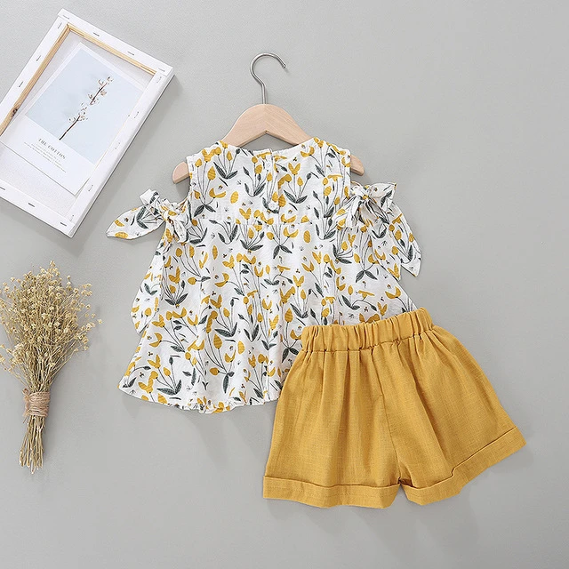 wholesale cheap comfortable printed bow ruffled ruffle short sleeves kids clothing children clothes in hot selling