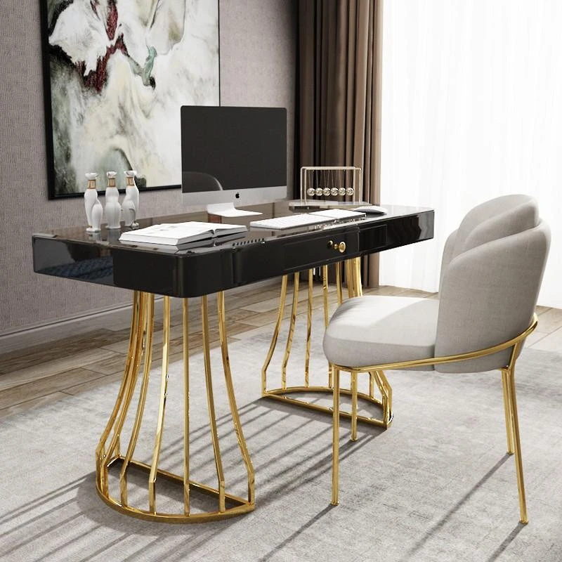 Wholesale Cheap Fashion Office Furniture Light Luxury Office Table Chair Set Metal Writing Desk Glass Computer Desk