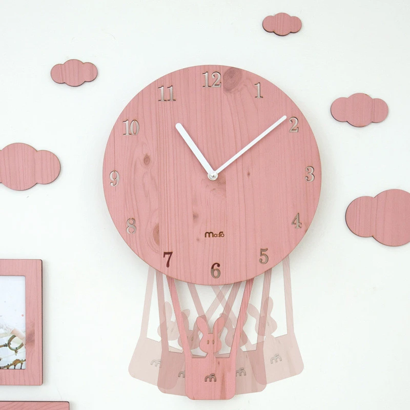 Wholesale Stock Small Order Cartoon Wood Simple Kids Room Rabbit Pendulum Wall Clock