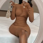 Womens 2022 New Celebrity Long Sleeve Pleated Tight Dresses Sexy Ladies Dress