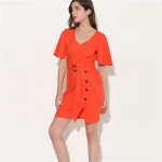 Women's linen dress V-Neck Short Sleeve pencil dress with self fabric belt