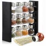 Wood Herb and Spice Rack Stand with 12 Clear Glass Jar Bottles - Modern & Stylish Kitchen Organizer