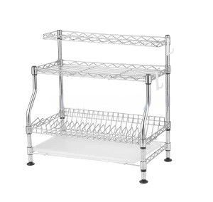 Popular DIY 2 Tiers Chrome Metal Kitchen Dish Drainer Rack with Hooks