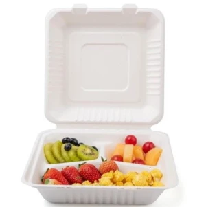 9x9x3"  3 Compartment Clamshell Take Away Food Container Packaging Greaseproof Sugarcane Bagasse Biodegradable Lunch Box