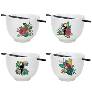 New Design Flowers And Birds Nordic Japanese Style Ramen Noodle Soup Ceramic Bowl Set With Chopsticks