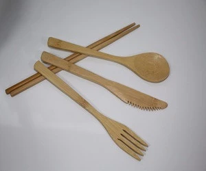 100% natural Bamboo Flatware Set with 4 Pieces fork spoon knife and chopsticks of travel utensils
