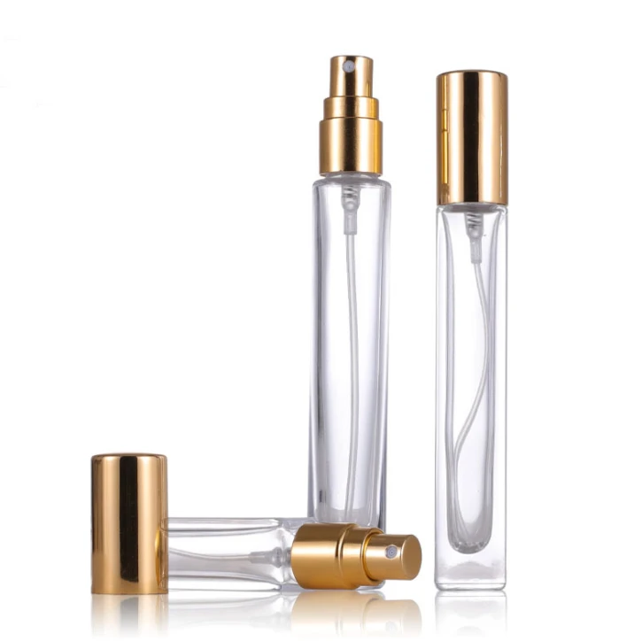 10ml long glass perfume bottle with golden spray pump top