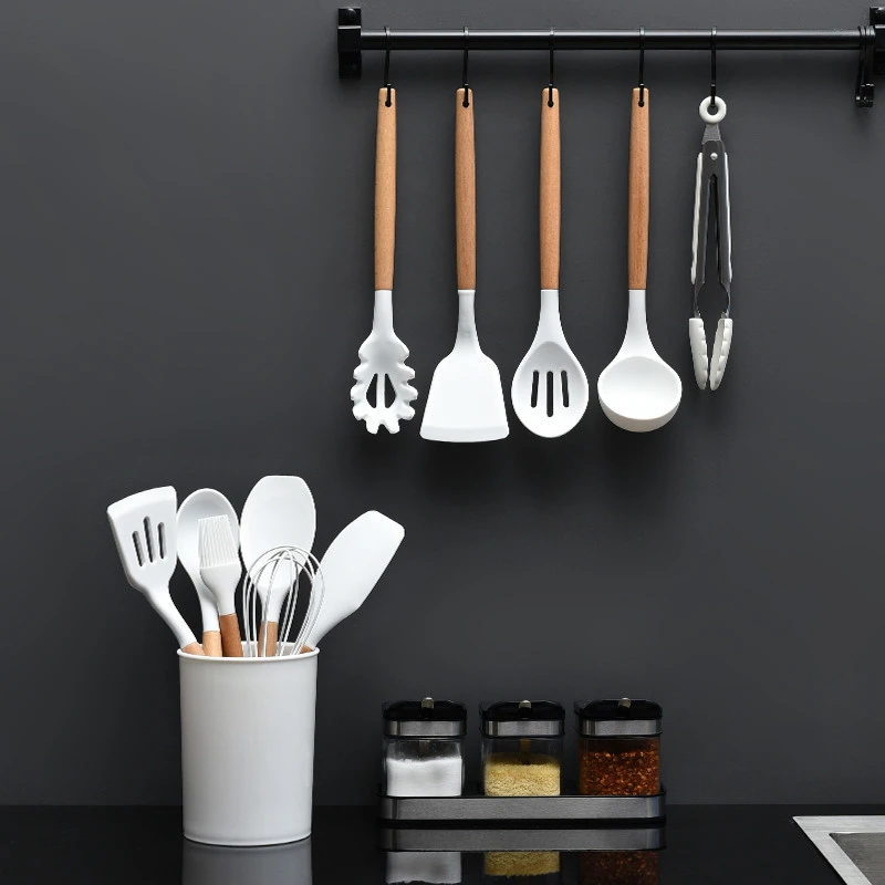 11PCS kitchen cooking  utensil set japanese silicone kitchenware set with wooden handle