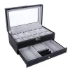 12 Slots Watch Box Mens Watch Organizer Lockable Jewelry Display Case with Real Glass Top Black Faux Leather