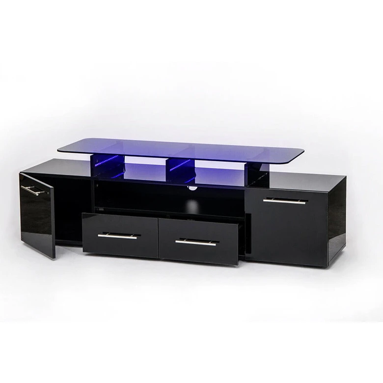 2  Drawers Black high gloss glass top LED TV Stand Cabinet