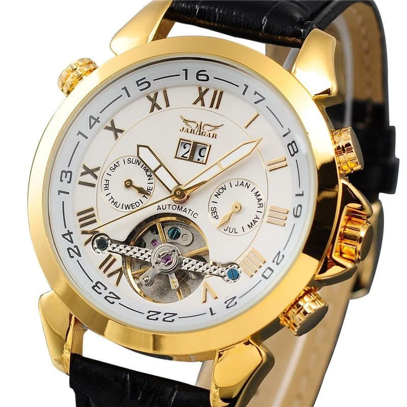 2016 JARAGAR Brand Mens Automatic Mechanical Watch Black White Dial Leather Tourbillon Men Wristwatches