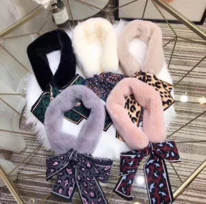 2018 Hot sell warm winter scarf ladies leopard ribbon scarf rex rabbit fur scarf neck warmers