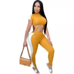 2020 New Arrivals Fashion Women Casual O-Neck Short Sleeve Crop Side Striped Suspender Pants 2 Pieces Set Outfits Jumpsuit