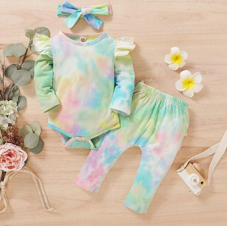 3-24Months Tie-dye Cute Baby Girls Toddler Infants 3pcs Clothing Sets Romper Sets