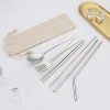 6pcs reusable SUS 304 cutlery travel utensils flatware with Metal straw pattern fabric pouch chopsticks forks and spoons
