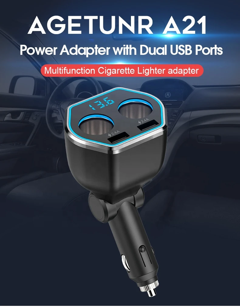 AGETUNR A21 USB Car Charger Mini Cigarette Lighter Usb Charger Car Kit  2 Cigarette Sockets in 1 Dual USB Outputs Car Charger